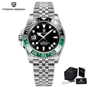 Luxury PAGANI DESIGN GMT men's watch with sapphire crystal, automatic movement, 40mm case, featuring a sleek black dial.