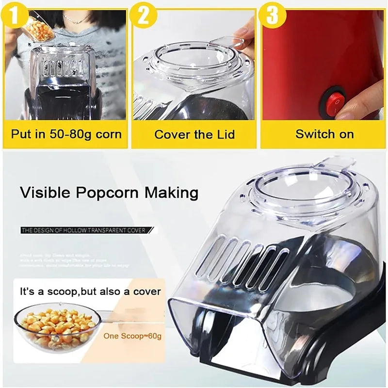 Electric Portable Popcorn Maker Fully Automatic Home Popcorn Popper Hot Air Popcorn Machine Healthy No Oil Mini Popcorn Maker