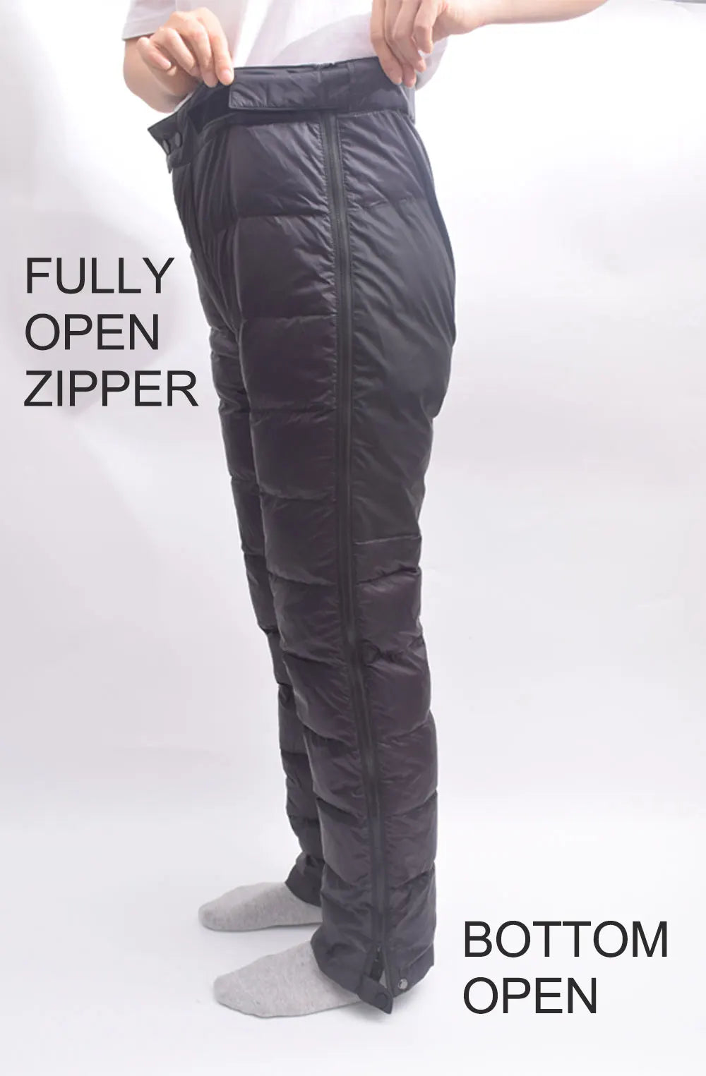 Lightweight winter hiking down pants for men and women by Hot Trend Vault, featuring warm, insulated outdoor apparel.