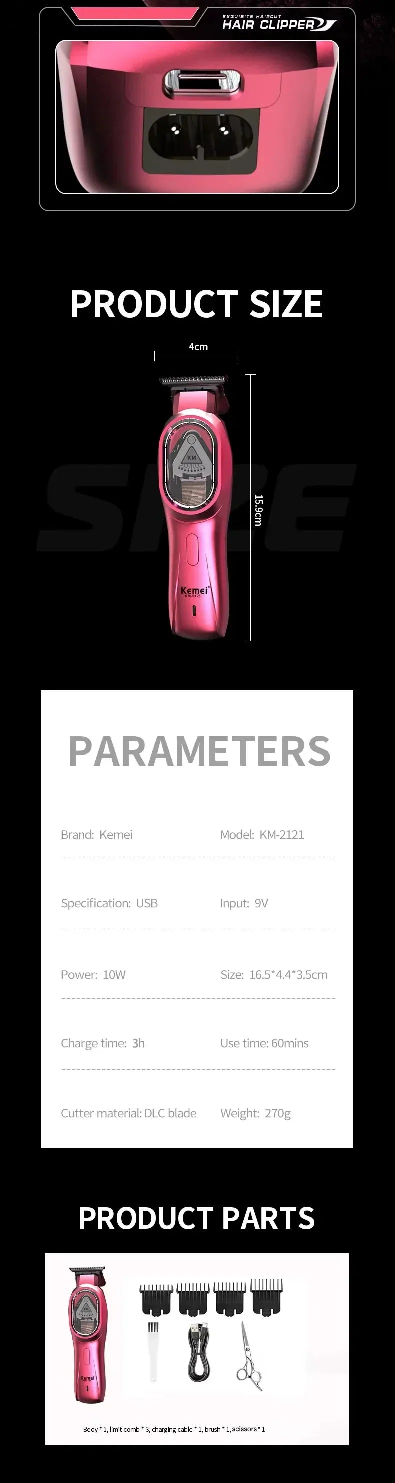 Cordless Kemei KM-8502 hair clipper kit with adjustable blades and attachments for home grooming, displayed on a white background.