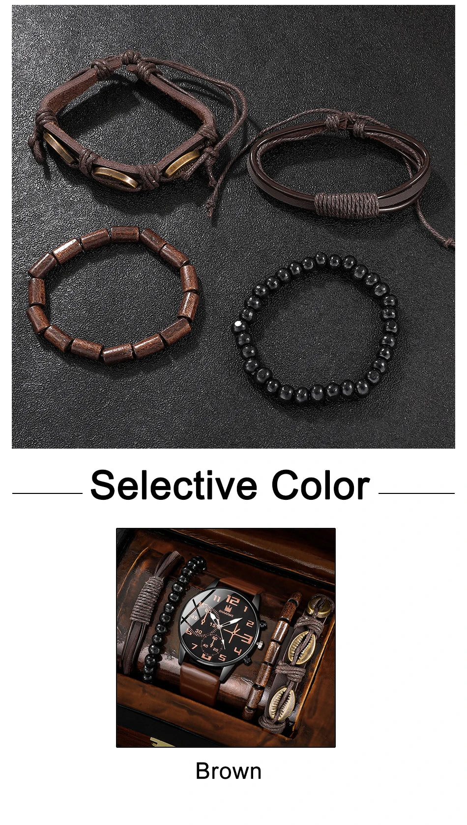 SHAARMS men's sports watch set with five retro big dial quartz watches featuring brown leather straps and accessories.