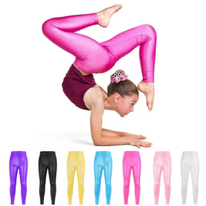 Girls shiny metallic ballet leggings from Hot Trend Vault, breathable and high-elastic dance pants for costumes, shown in a close-up image.