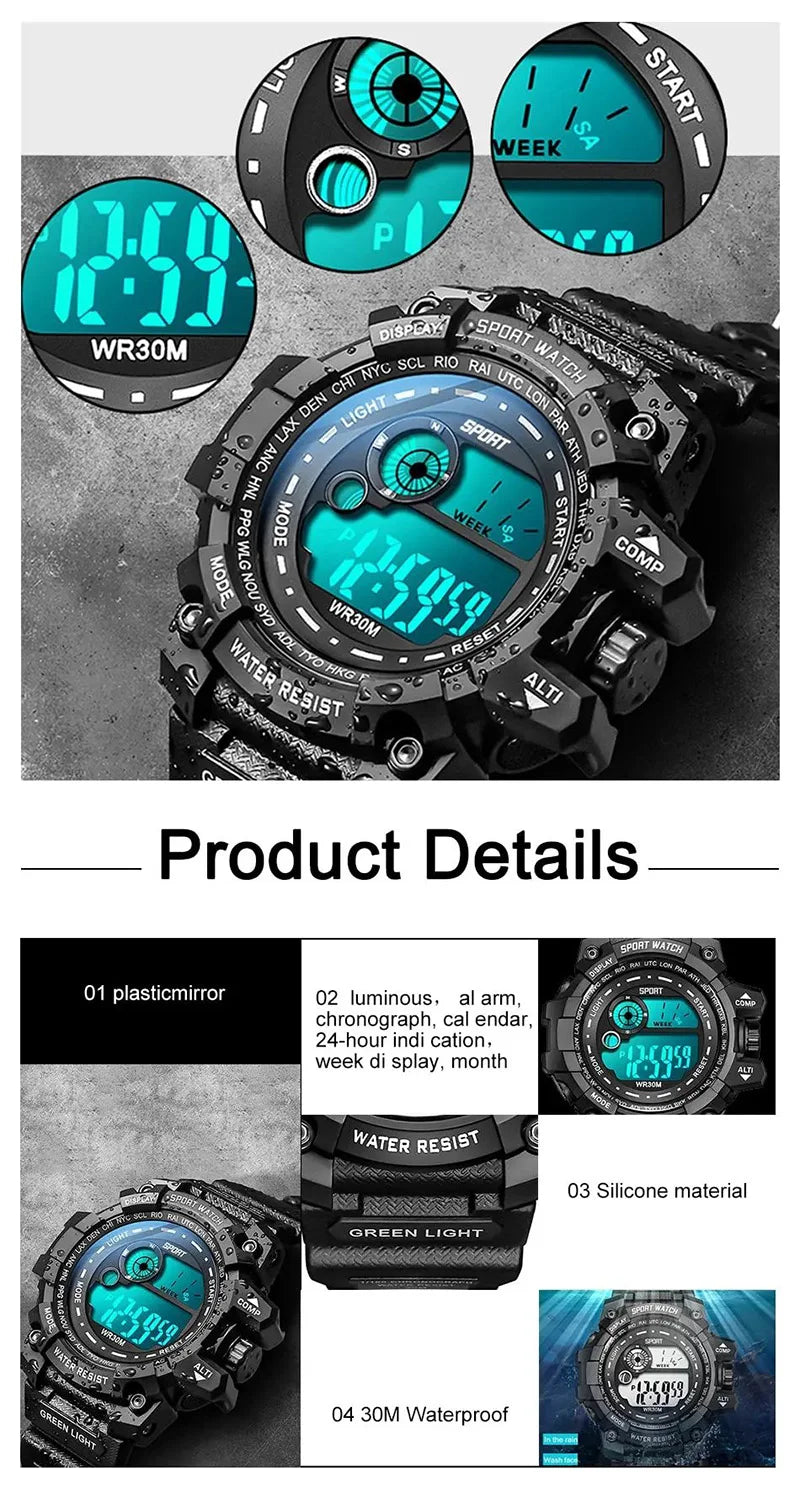 Hot Trend Vault men's LED digital watch with luminous display, waterproof sport design, military-style accessories for men.