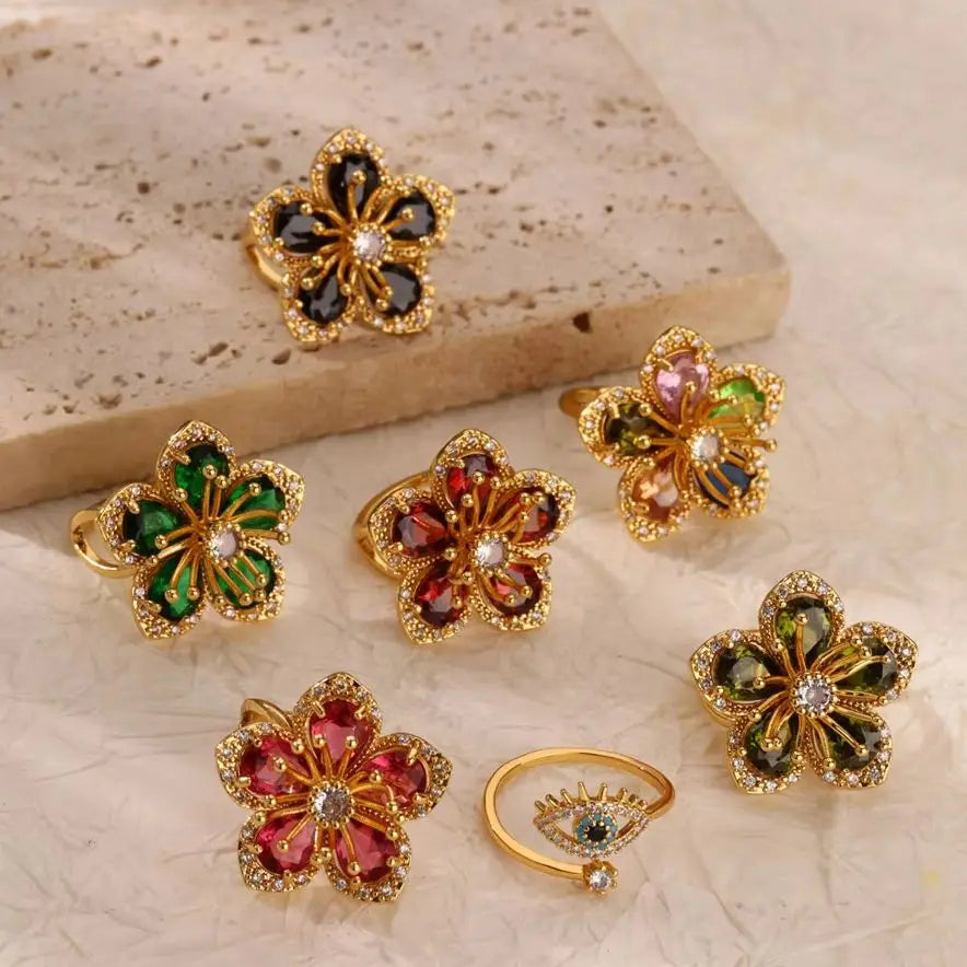 Green Zircon Flower Rings For Women Gold Color Stainless Steel Flower Floral Ring Elegant Luxury Wedding Aesthetic Jewelry Gift