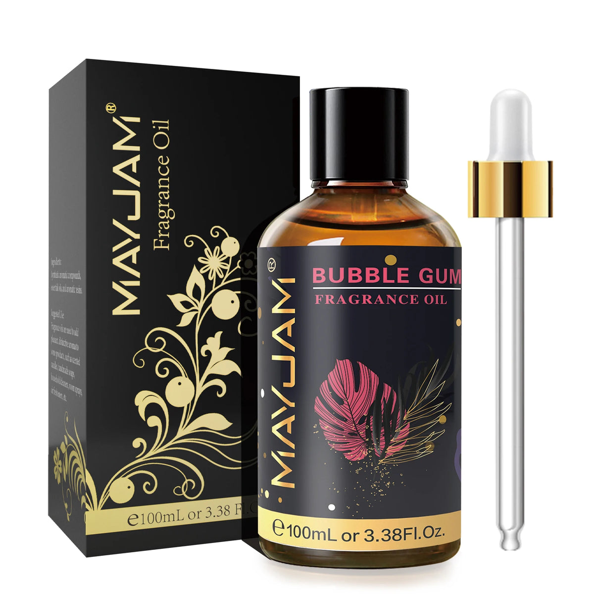 Mayjam 100ml premium fragrance oil by Hot Trend Vault featuring Sea Breeze, Coconut, Vanilla, Coffee, and Bubble Gum with dropper.