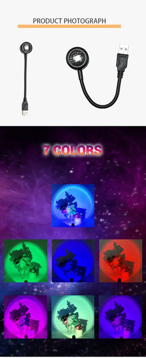 USB sunset light rainbow night lamp projector by Hot Trend Vault, showing a colorful rainbow sunset projection for bedrooms.