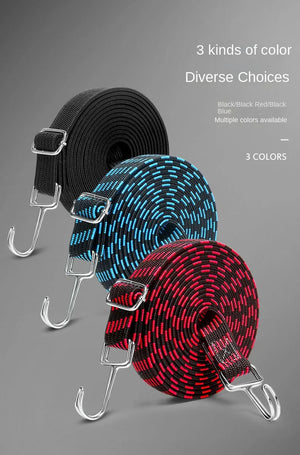 Heavy duty motorcycle bungee cord with hooks from Hot Trend Vault, used for securing luggage on motorcycles.