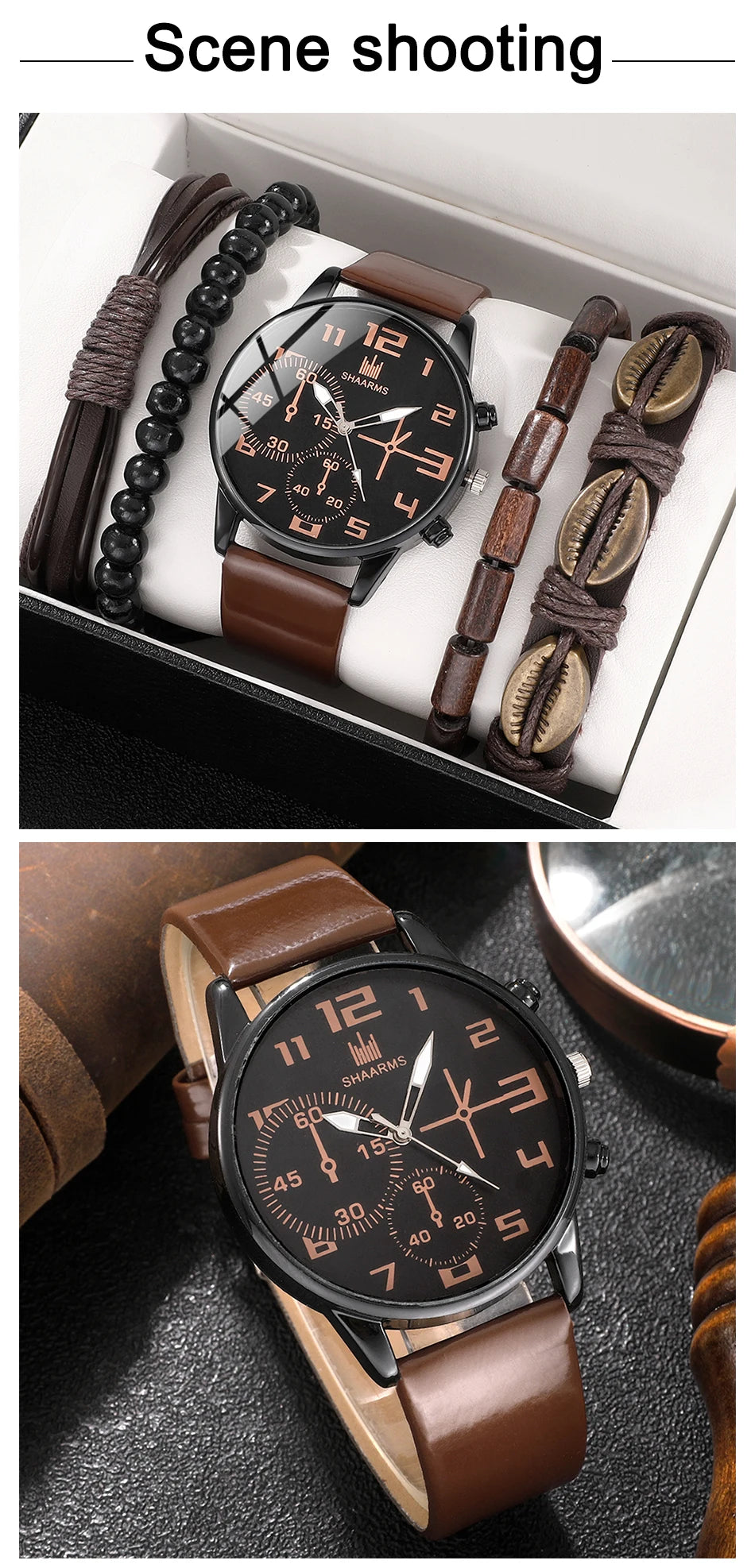 Men's sports watch set by Hot Trend Vault featuring five retro-style quartz watches with large dials and brown leather straps.