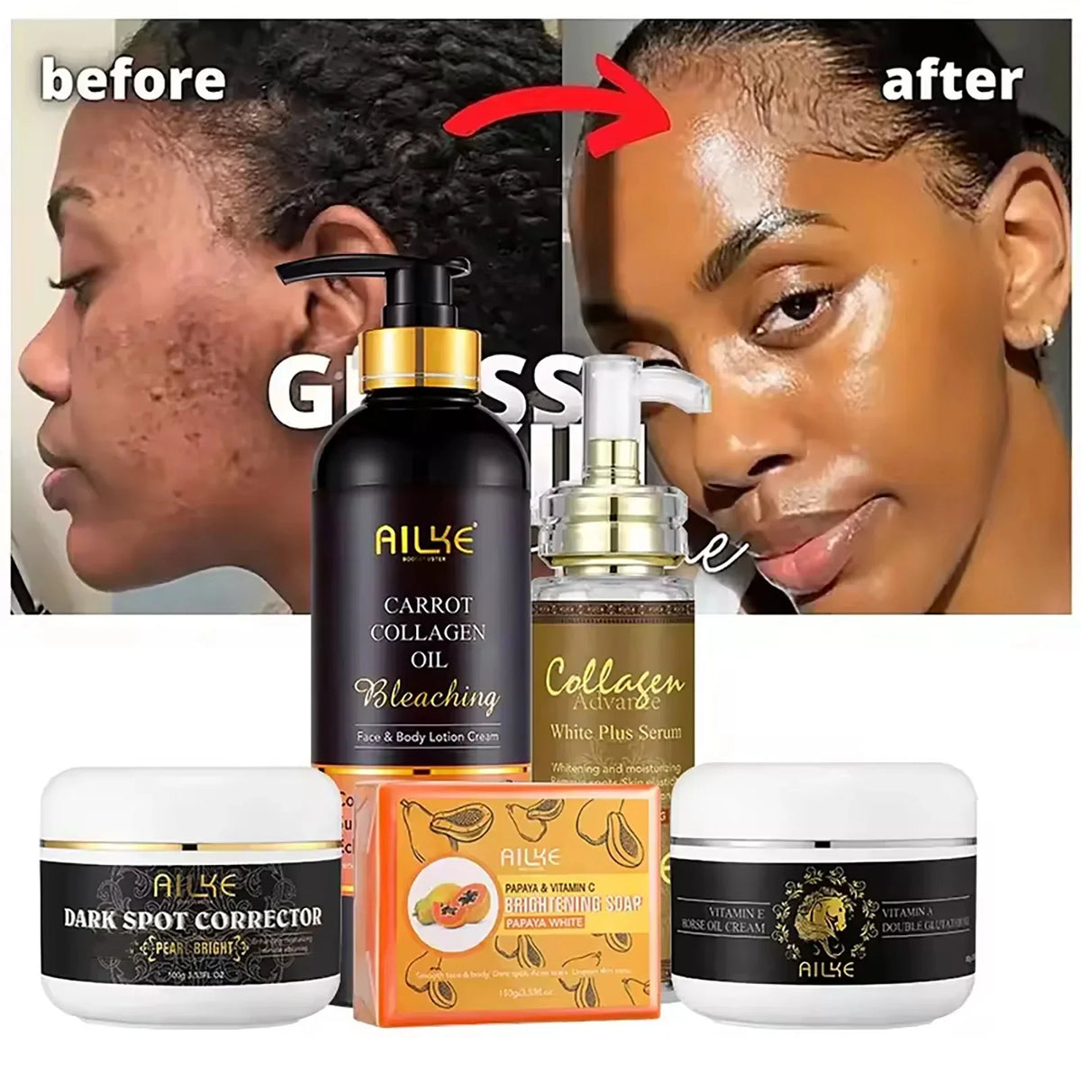 Hot Trend Vault AILKE Collagen 5-in-1 skin care set with bottles and jars for brightening and nourishing all skin types