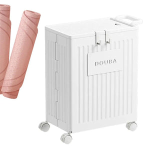 Hot Trend Vault yoga mat storage with wheels, folding organizer for yogis, showing the sleek design and easy-to-move features.