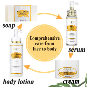 Hot Trend Vault Vitamin C skin care set with brightening serum and soap, ideal for all skin types and moisturizing benefits.