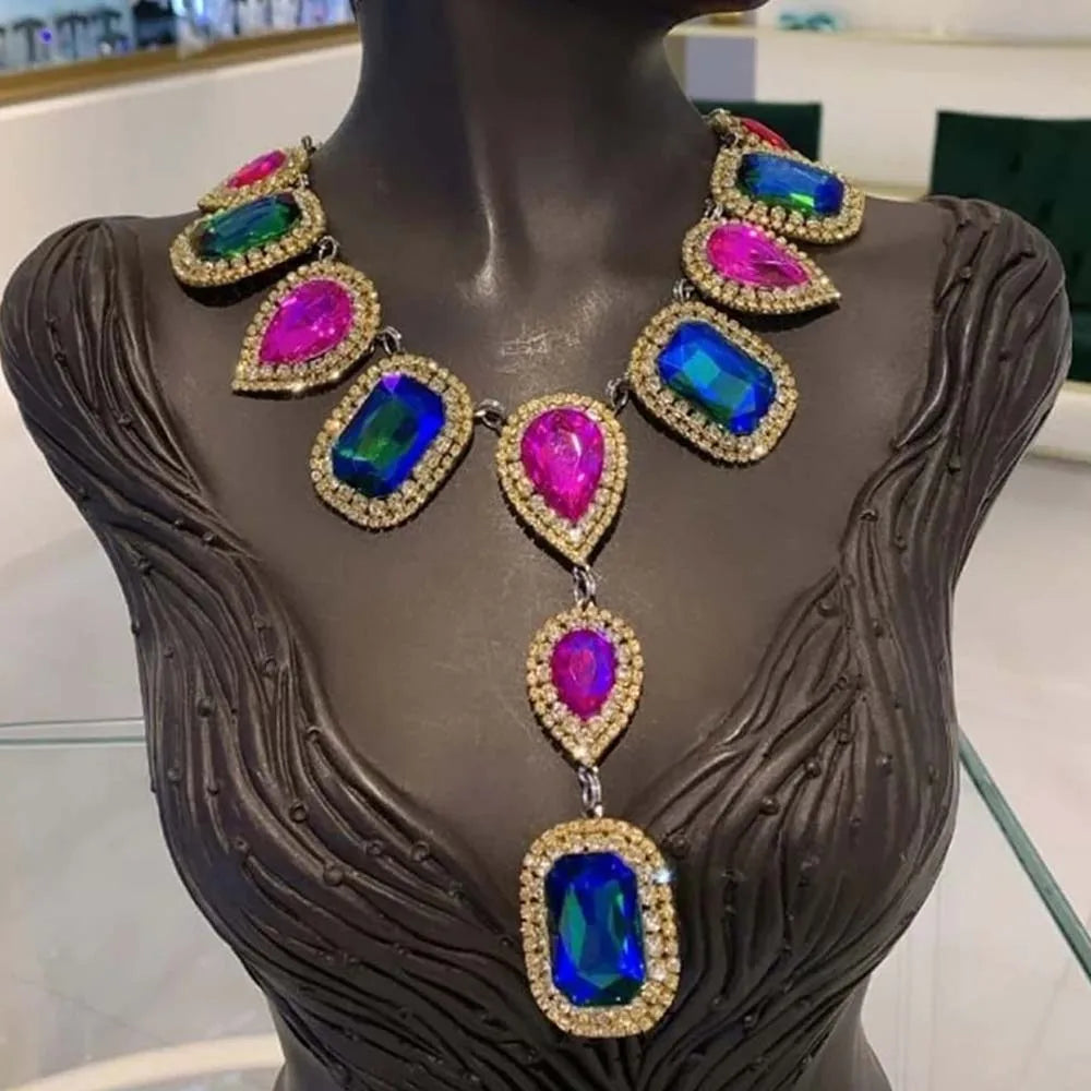 Stonefans Exaggerated Teardrop Necklace and Earrings Set Bride Jewelry Sets for Women Choker Wedding Dress Fashion Crystal Party