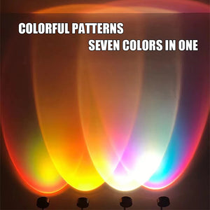 USB sunset lamp LED rainbow neon night light projector for bedroom decor, creating colorful ambient lighting.