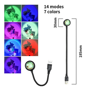 Hot Trend Vault Sunset Lamp Projector displaying colorful rainbow light on a wall, creating a romantic night ambiance.