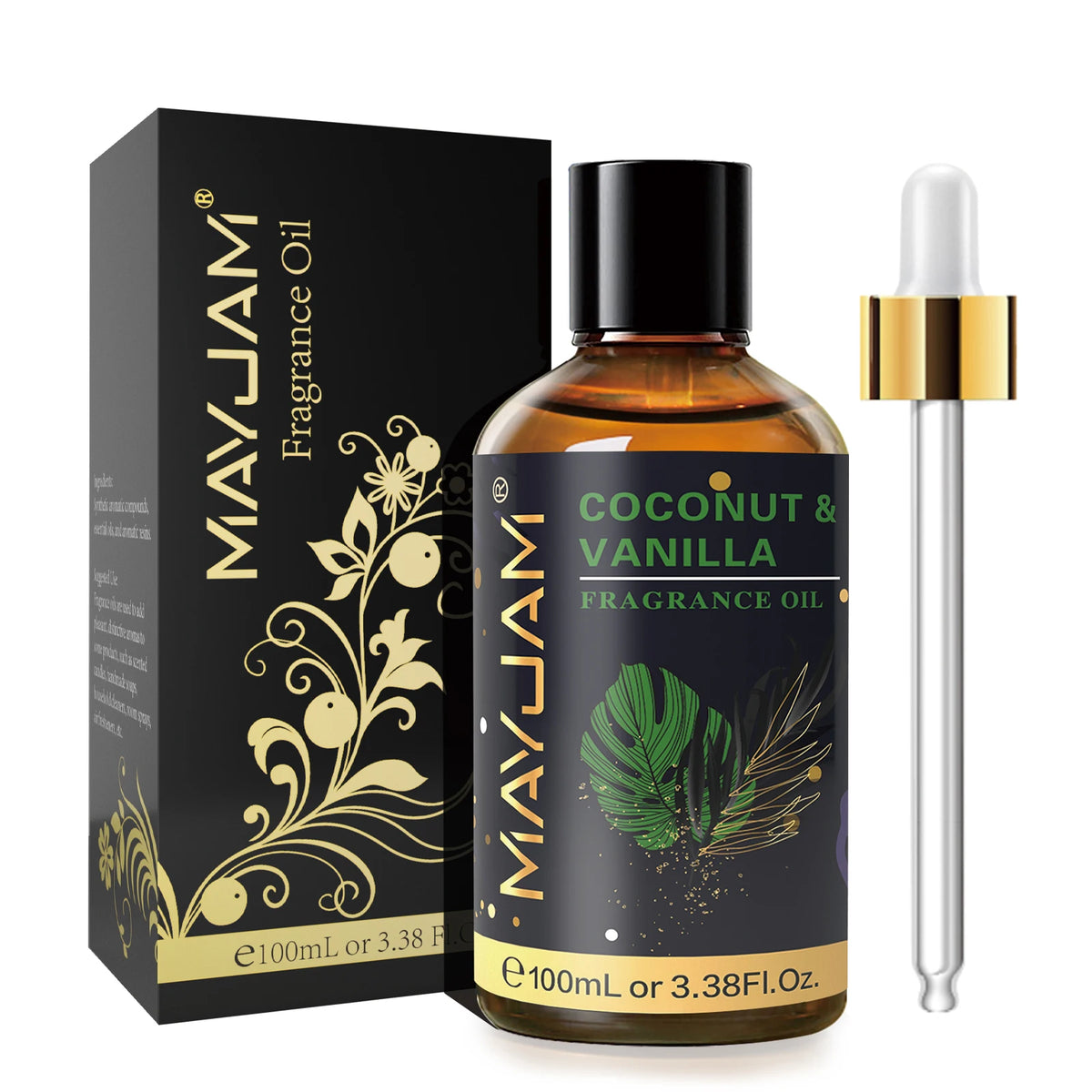 Hot Trend Vault Mayjam 100ml fragrance oil with sea breeze, coconut, vanilla, coffee, and bubble gum scents in a dropper bottle.
