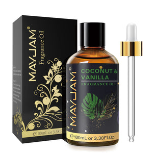Hot Trend Vault Mayjam 100ml fragrance oil with sea breeze, coconut, vanilla, coffee, and bubble gum scents in a dropper bottle.