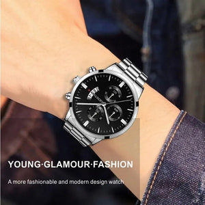 Men's Deyros Calendar Quartz Watch with alloy band, round case, and bracelet clasp, showcasing luxury accessory style.