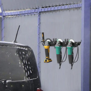 Wall-mounted angle grinder storage rack by Hot Trend Vault for organized home workshop tool storage.