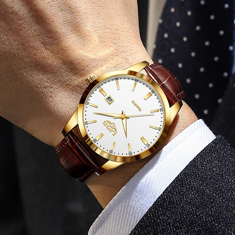 Men's LIGE leather chronograph watch with waterproof and military style features, displayed on a wrist.