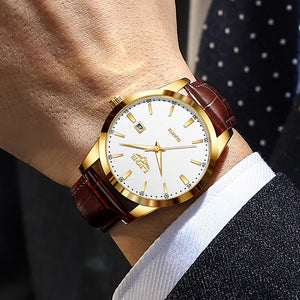 Men's LIGE leather chronograph watch with waterproof and military style features, displayed on a wrist.