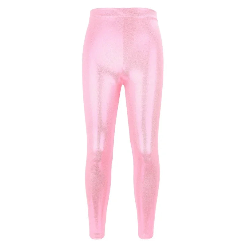 Girls shiny metallic ballet leggings by Hot Trend Vault, high elastic, breathable dance pants for costumes, shown in reflective silver fabric.