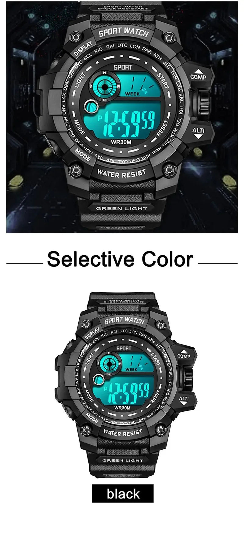Men's LED digital watch by Hot Trend Vault featuring luminous display, waterproof design, and military-inspired style.