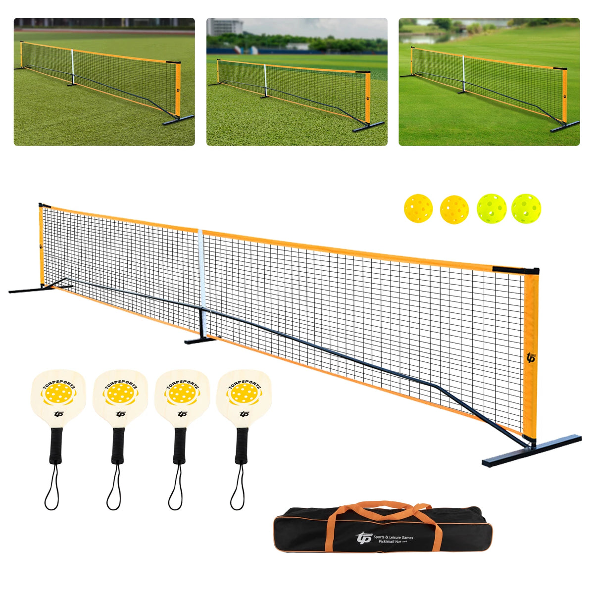Hot Trend Vault portable pickleball net set with four paddles, balls, and carry bag for backyard family fun.