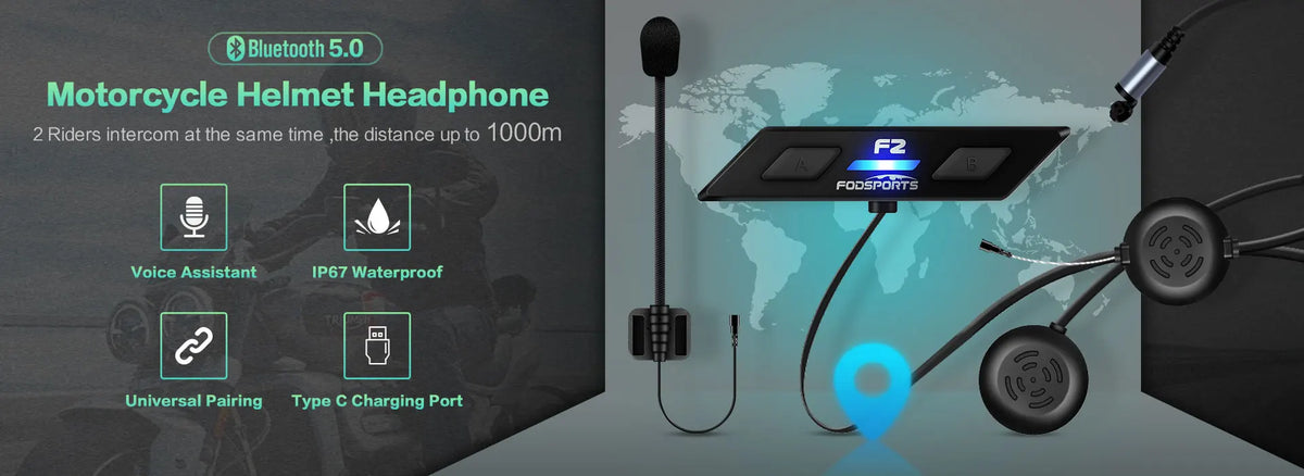 Fodsports F2 Motorcycle Bluetooth Intercom helmet Headset Wireless Intercomunicador 1000m IP67 Waterproof