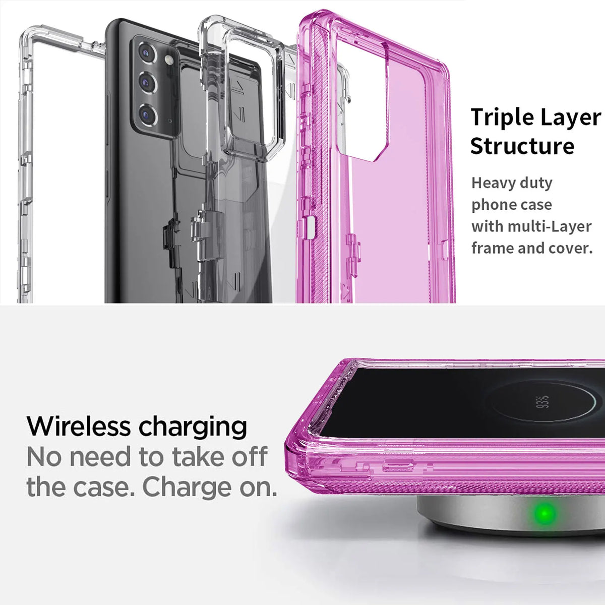 Hot Trend Vault Galaxy Note20 Ultra transparent shockproof case with two tempered glass screen protectors on a white background.