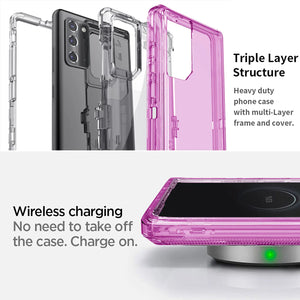 Hot Trend Vault Galaxy Note20 Ultra transparent shockproof case with two tempered glass screen protectors on a white background.