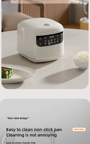 Hot Trend Vault Kbxstart Smart Rice Cooker 2L with timer, compact 400W appliance ideal for 1 to 2 people, shown with rice inside.