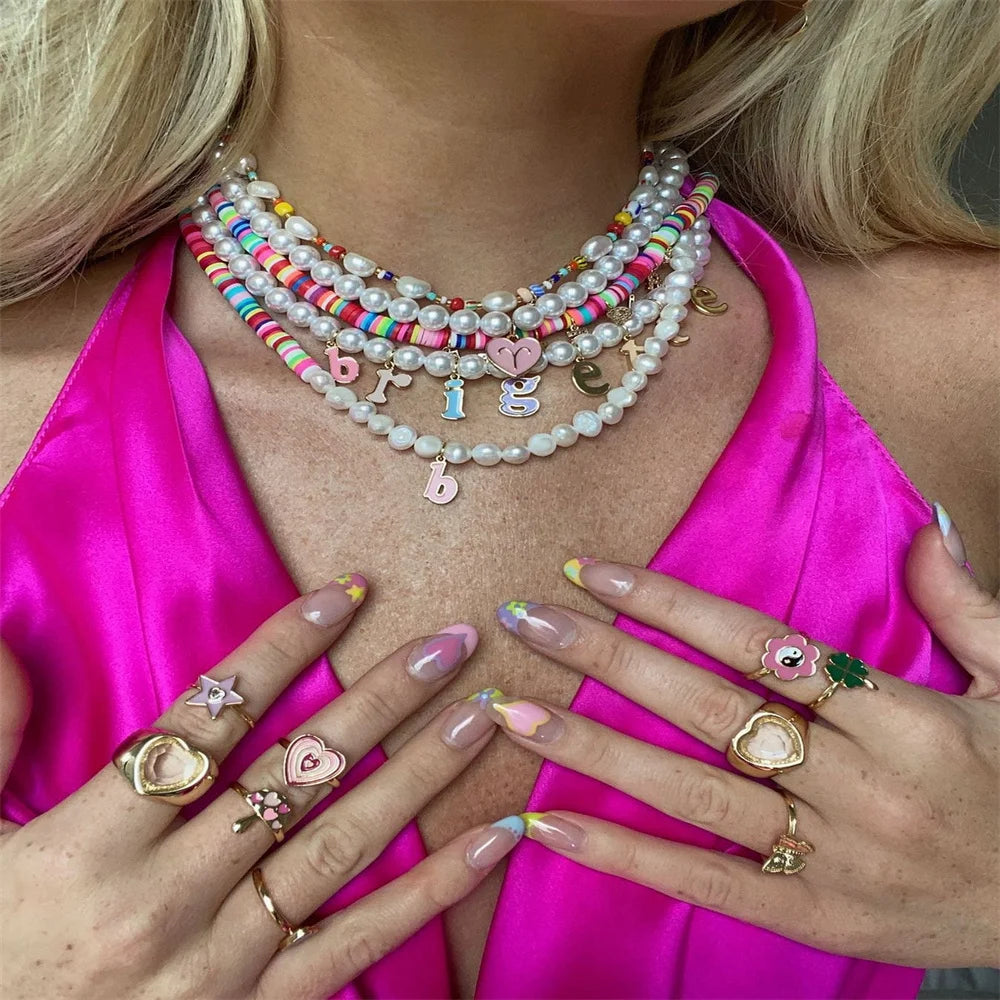 Custom Pearl Colorful Letter Necklace For Women Gold Color Stainless Steel Personalized Customized Necklace Fashion Jewelry Gift