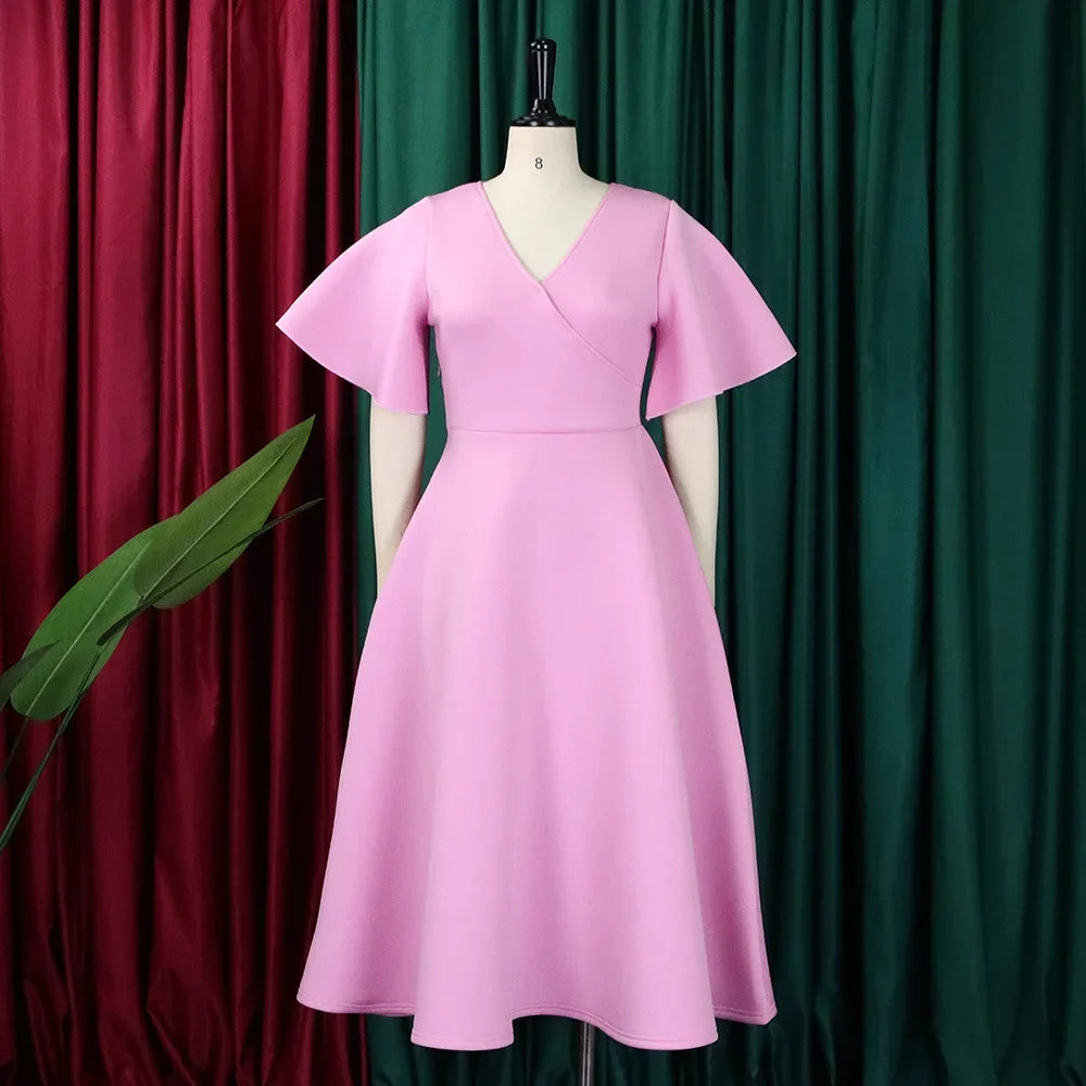 Elegant Dresses for Women V Neck Flare Sleeve High Waisted Pleated A Line Mid Calf Luxury Birthday Party Dinner Vestidos Mujer