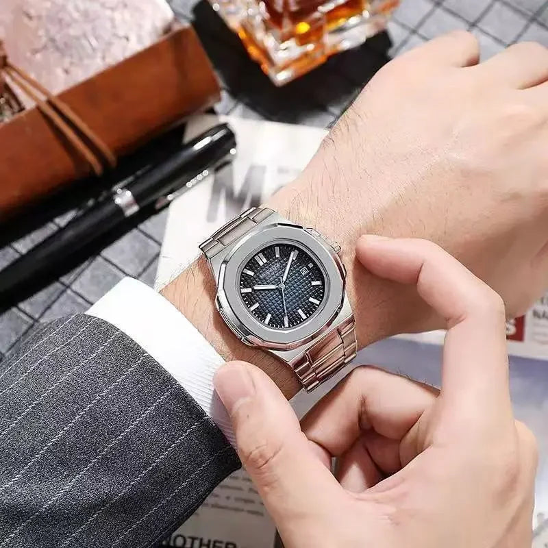 Square quartz men's watch with stainless steel band and striped dial, from Hot Trend Vault, in a sleek, modern design.