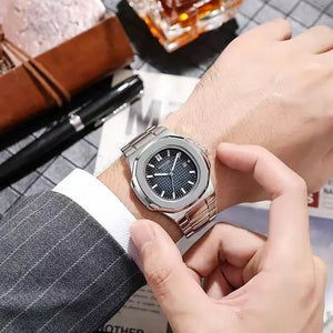 Square quartz men's watch with stainless steel band and striped dial, from Hot Trend Vault, in a sleek, modern design.