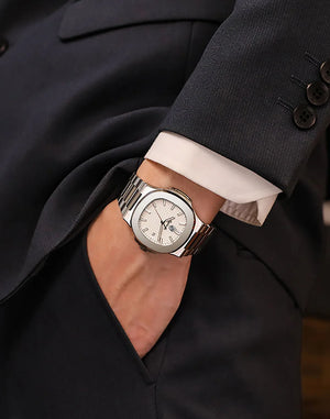 Square quartz men's watch with stainless steel band and stripe dial from Hot Trend Vault, stylish accessories for modern men.