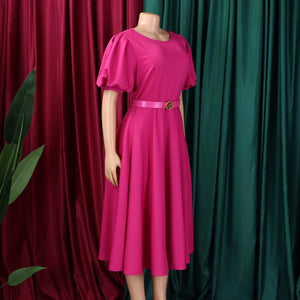 Elegant Dresses for Women 2026 New O Neck Short Sleeve Belt Waisted Pleated Mid Calf Fashion Ladies Birthday Party Dinner Dress