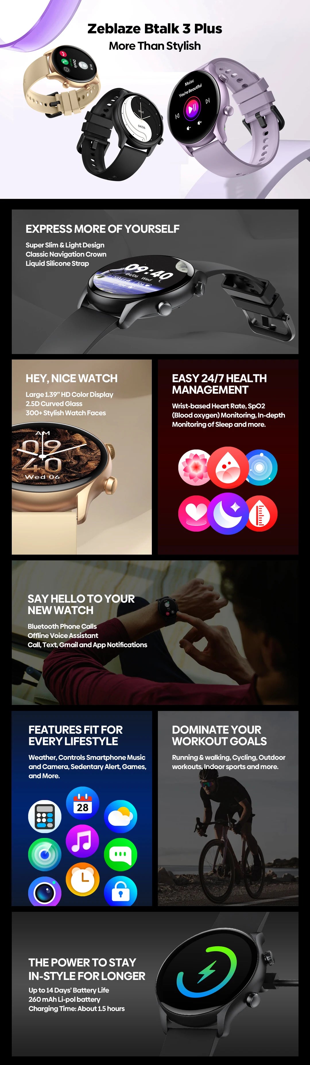 Zeblaze Btalk 3 Plus smart watch by Hot Trend Vault featuring voice calling, large display, and fitness tracking capabilities.