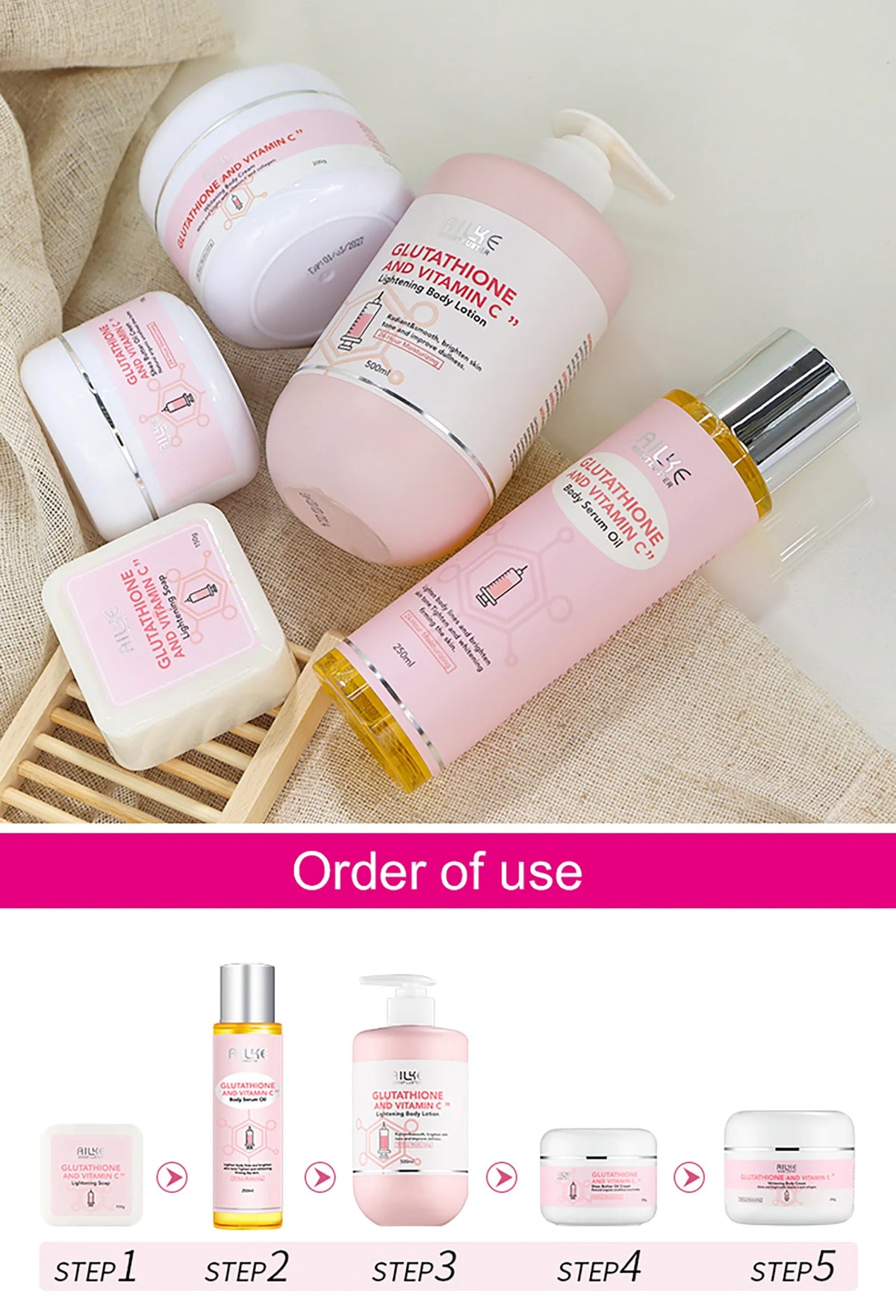 Hot Trend Vault AILKE whitening skin care set for women with organic vitamin C, brightening and hydrating radiant skin, image of product box