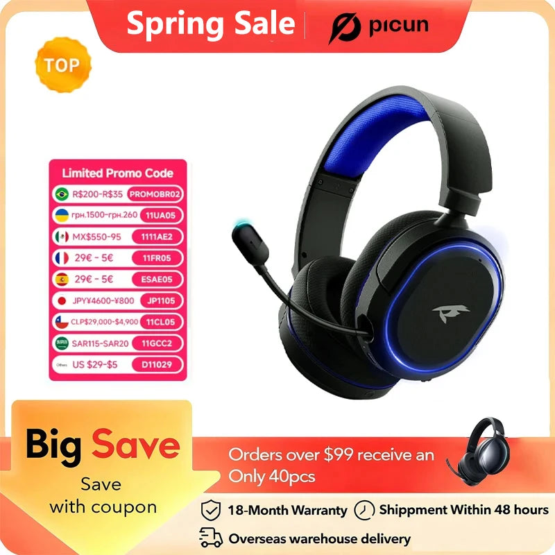 Picun G2 Wireless Gaming Headset Bluetooth 5.3 2.4G Headphones 7.1 Surround 5ms Low Latency ENC Mic for PC PS4 PS5 Phone Switch