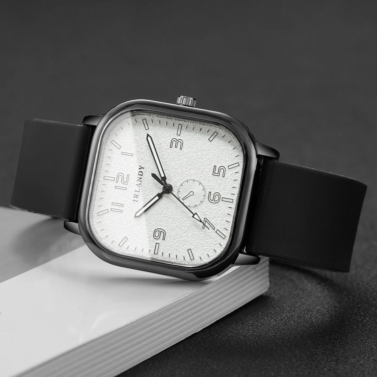 Square watch with silicone strap and quartz movement from Hot Trend Vault, featuring a casual unisex wristwatch design.