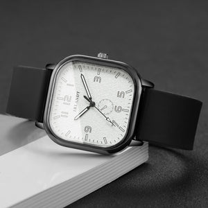 Square watch with silicone strap and quartz movement from Hot Trend Vault, featuring a casual unisex wristwatch design.