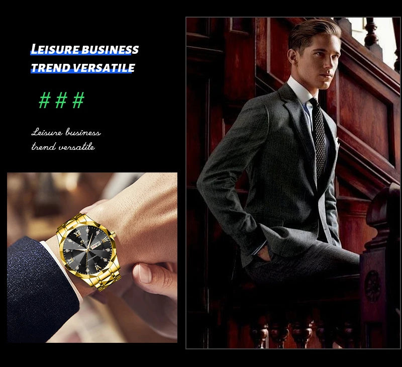 Hot Trend Vault Va Va Voom men's luxury diamond watch with 41mm case, night glow dial, double calendar, quartz movement, accessories.