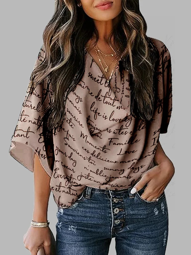 Fashion Women's Clothes Summer New Loose Short Sleeves Letter Print Shoulder Pad Heaps Collar T-Shirts Tops Casual Female