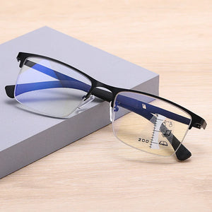 Hot Trend Vault progressive multifocus reading glasses with anti-blue light for presbyopia, featuring unisex design and spring hinges.