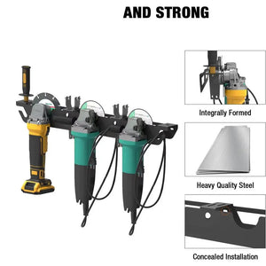 Wall-mounted storage rack for angle grinders in a home workshop, designed by Hot Trend Vault for organized tool storage.