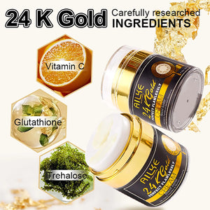 Close-up of AILKE 24K Gold Collagen Whitening cream jar by Hot Trend Vault with gold accents and sleek packaging.