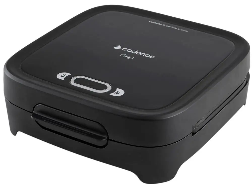 Cadence 750W nonstick grill click sandwich maker by Hot Trend Vault showing open sandwich plates with toasted bread slices inside.