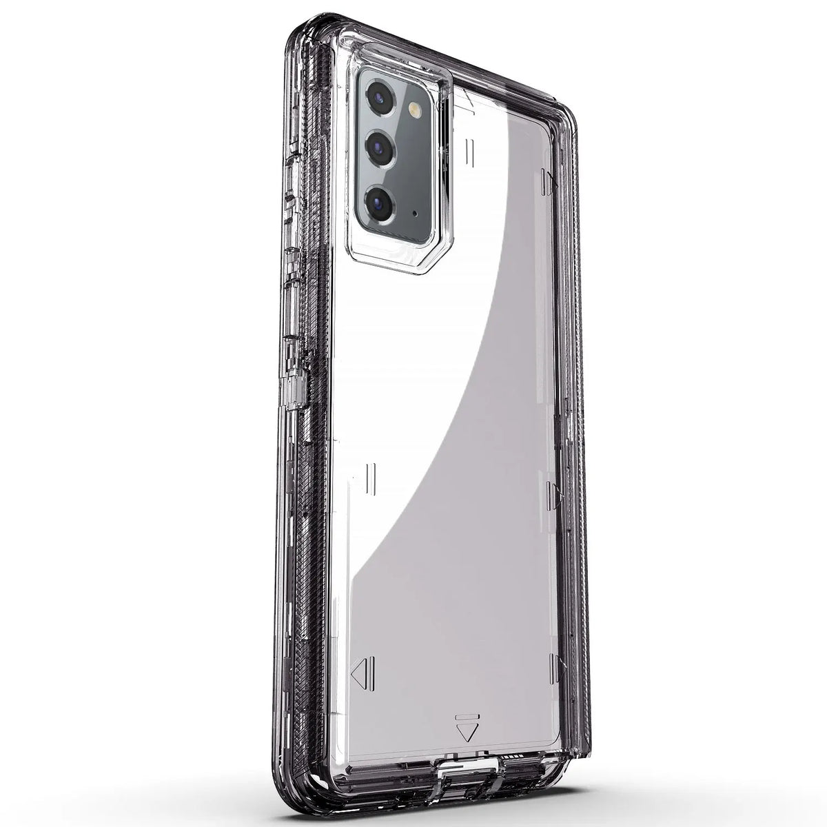 Hot Trend Vault Galaxy Note20 Ultra transparent shockproof case with two tempered glass screen protectors on a white background.