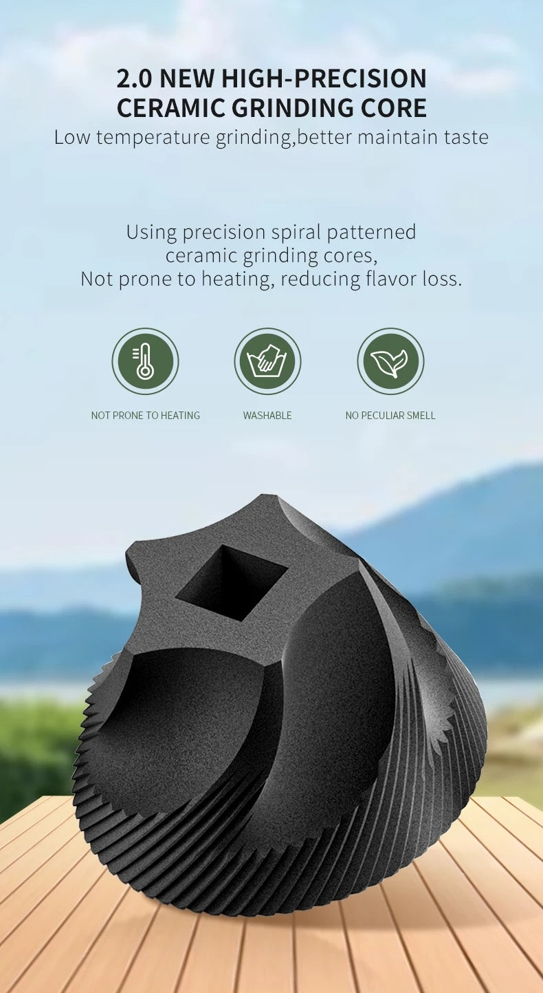 Hot Trend Vault DCNB Mini Manual Coffee Grinder with conical burrs, adjustable settings, and 30g capacity for espresso brewing.